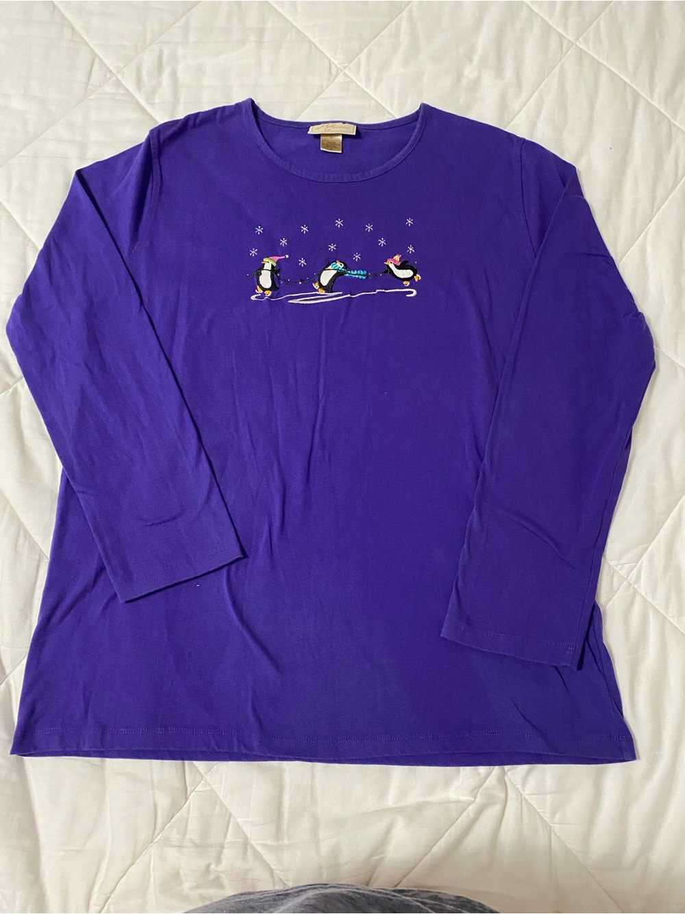 Purple Long Sleeve Tee with Penguins Embroidery 3X